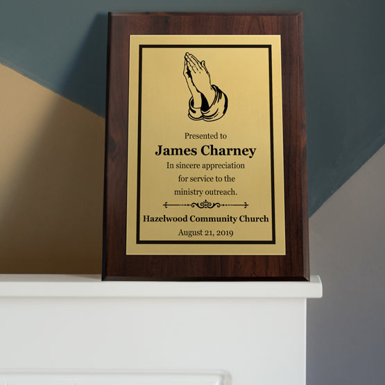Custom Aluminum Plaque For Religious Achievement With Appreciation Message On Gold Plate And Wood Board On A Shelf