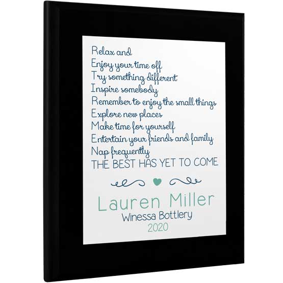 Custom Silver Aluminum Plaque With Retirement Acronym Message On A Black Board With Names And Year