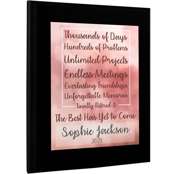 Custom Aluminum Plaque With Watercolor Design And Retirement Appreciation Message And Name On A Black Board