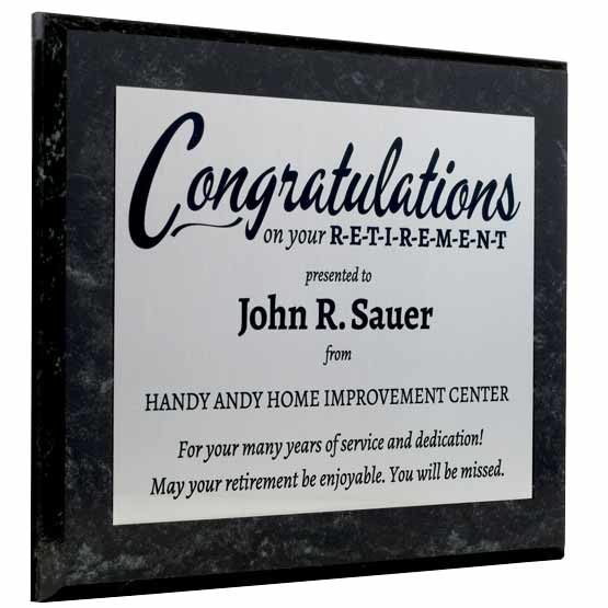 Custom Retirement Plaque With Silver Aluminum Plate On Marble Board Featuring Congratulations Message And Company Name