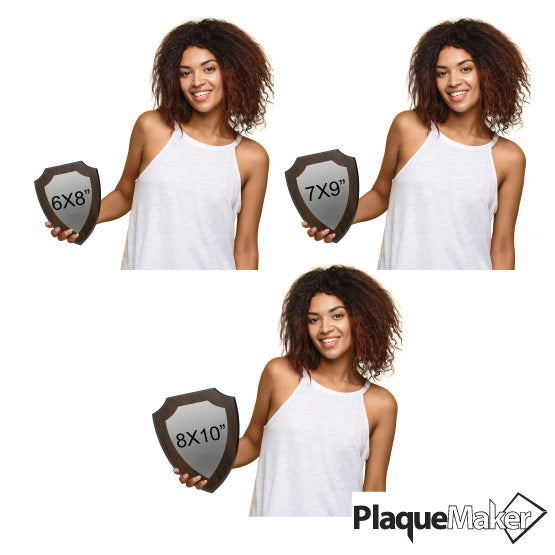 Size Guide With Happy Woman Holding Three Different Sizes Of Custom Shield Shaped Silver Aluminum Plaque Showing Measurements