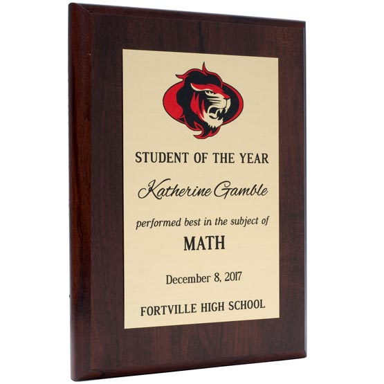 Custom Aluminum Plaque Award For Student Of The Year With School And Student Details On A Wood Board