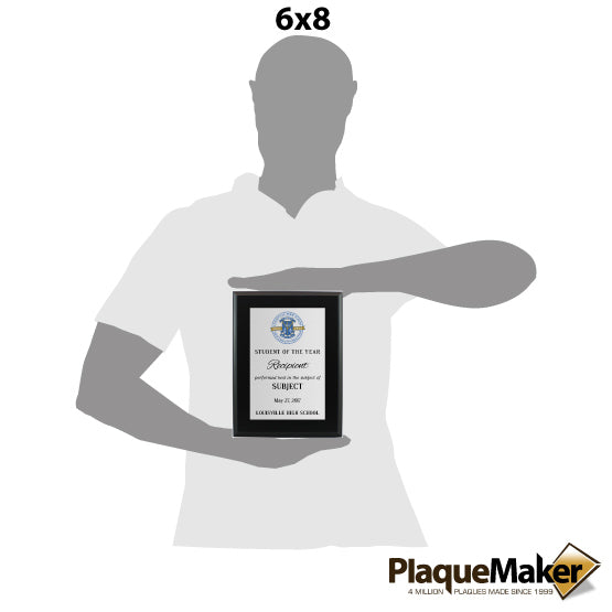 Size Guide With Blank Figure Holding Custom Aluminum Plaque Award For Student Of The Year With Wood Board