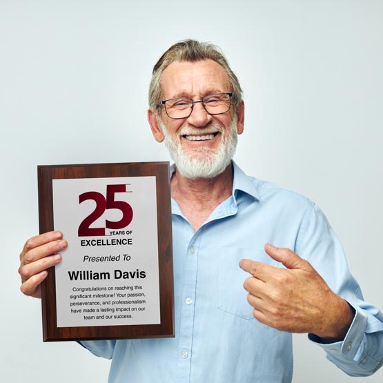 Old Man Holding Custom Aluminum Metal Plaque Award For Years Of Service With Same Day Shipping And Wood Board 