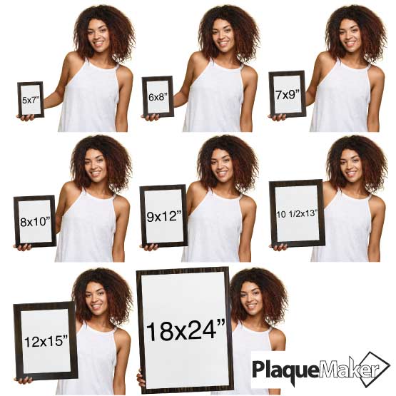 Size Guide With Woman Holding Different Sizes Of Custom Aluminum Plaque With Same Day Shipping