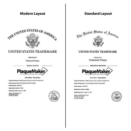 Side By Side Examples Of Custom Trademark Plaque Design Options For Modern And Standard Layouts