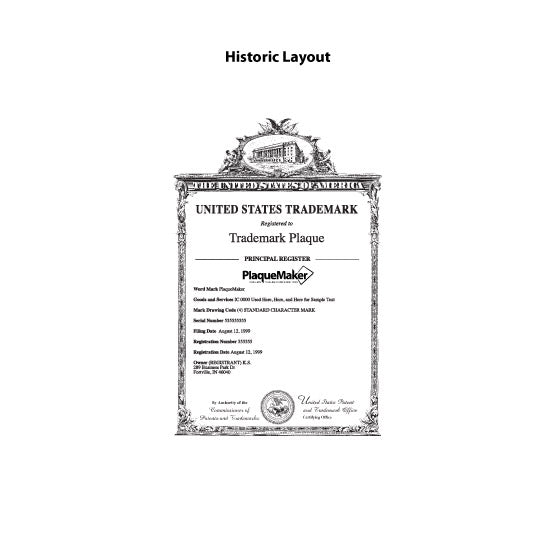 Example Of Custom Trademark Plaque Design Option For Historic Layout Of Trademark Details Against A White Background