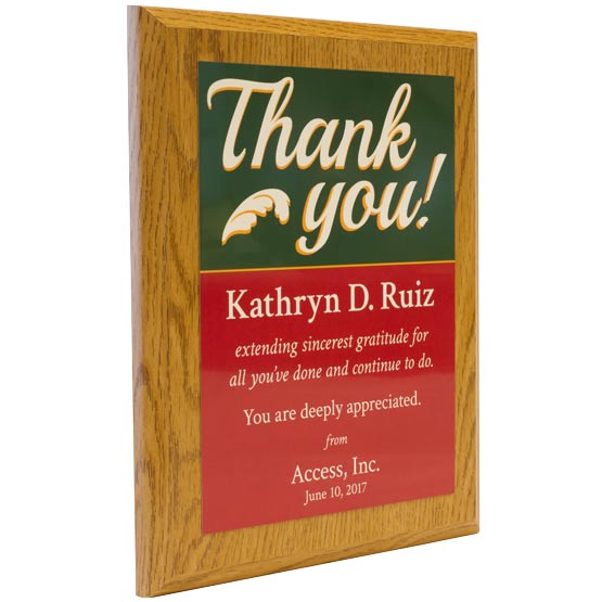 Custom Aluminum Thank You Plaque With Appreciation Message And Company Name And Employee Name On Wood Board