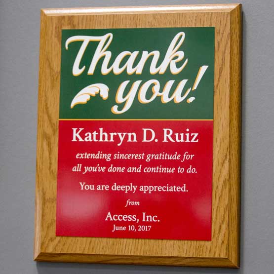Custom Aluminum Thank You Plaque With Appreciation Message And Names On Wood Board Hanging On Office Wall