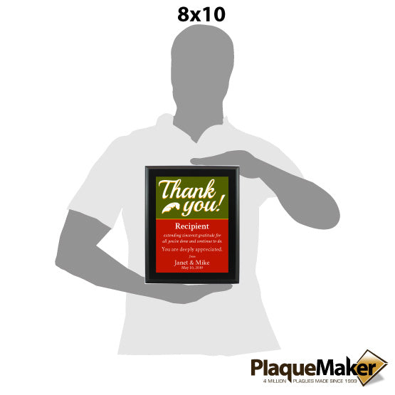 Size Guide With Blank Figure Holding Custom Aluminum Thank You Plaque With Appreciation Message And Names On Black Board