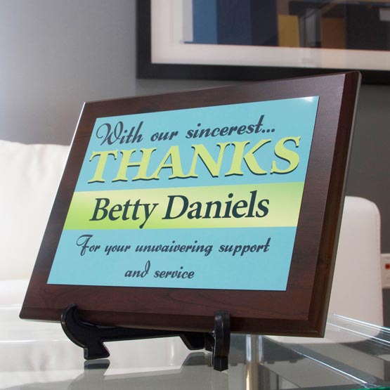 Aluminum Thank You Plaque With Wood Board And Sincerest Thanks Message Standing Via Easel On Glass Coffee Table