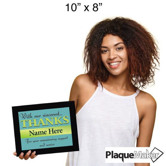 Size Guide With Happy Woman Holding Aluminum Thank You Plaque With Sincerest Thanks Message And Black Board