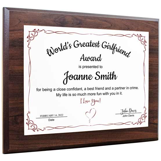 Custom Aluminum Plaque Award For World’s Greatest Girlfriend With Romantic Appreciation Message On Wood Board