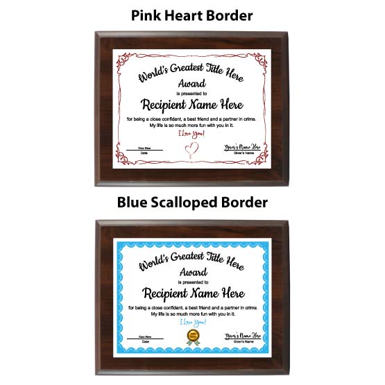 Samples Of Custom Plaque Award For World’s Greatest Girlfriend Or Boyfriend With Pink Heart Or Blue Scalloped Borders
