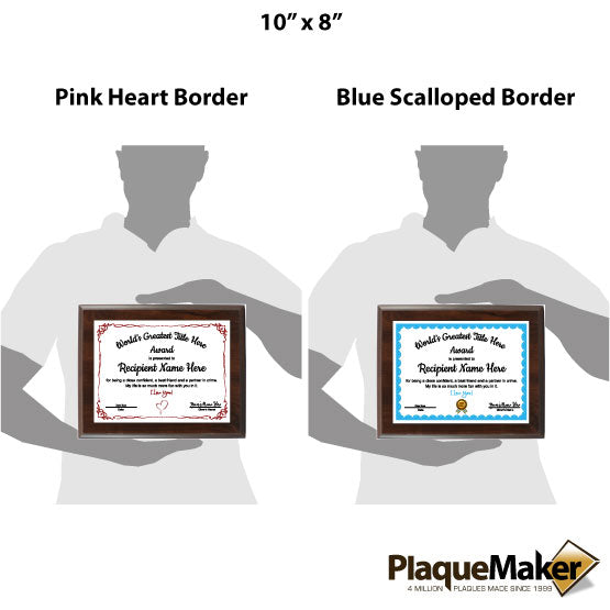 Size Guide Of Custom Plaque Award For World’s Greatest Girlfriend Or Boyfriend With Pink Heart Or Blue Scalloped Borders