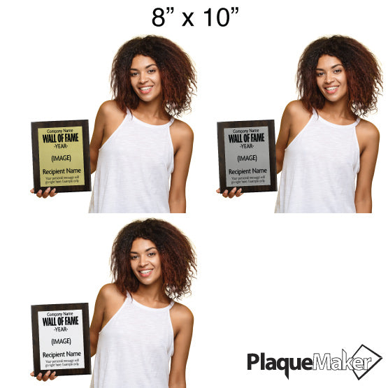 Size Guide With Woman Holding Three Sizes Of Custom Hall Of Fame Award Plaques With Black Boards 