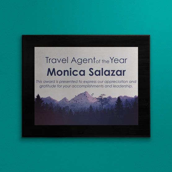 Custom Silver Aluminum Plaque For Travel Agent Of The Year On Teal Wall. 