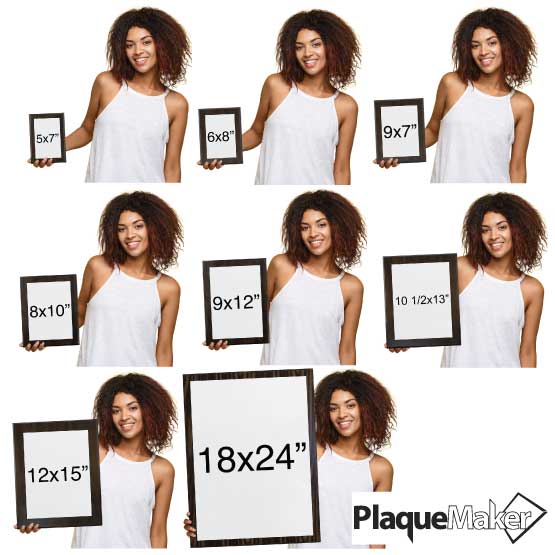 Size Guide Showing The 8 Available Sizes Of Aluminum Plaques Held By Woman.