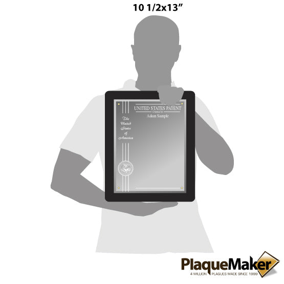 Size Guide With Blank Figure Holding Custom Floating Glass Plaque With Black Board And USPTO Seal And Ribbon