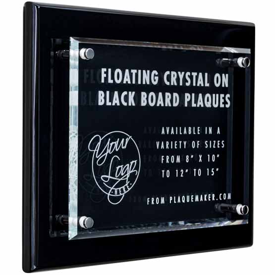 Custom Floating Glass Plaque With Black Board With Frosted Engravings Showing Customizable Areas For Text And Art