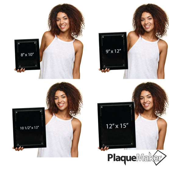 Size Guide With Woman Holding Four Sizes Of Floating Glass Plaque Award With Black Board Against A White Background