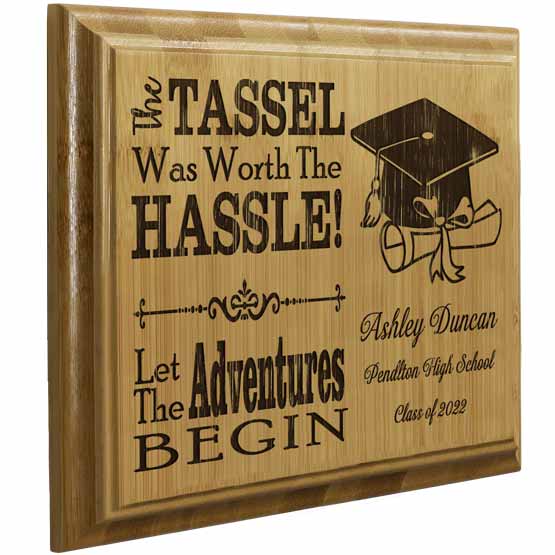 Custom Solid Bamboo Plaque Laser Engraved With Graduation Details And Hat Artwork And Fun Tassel Message