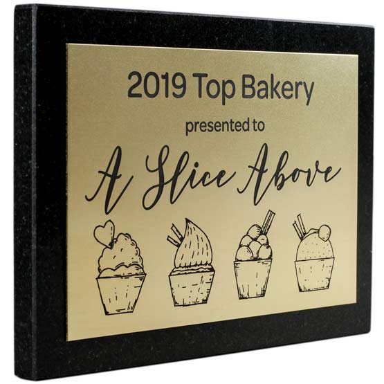 Custom Brass Plaque Award For Top Bakery With Company Name And Logo On A Black Granite Board