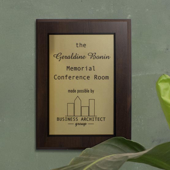 Custom Brass Plaque With Memorial Conference Room Text And Building Art On Wood Board Hanging On Office Wall