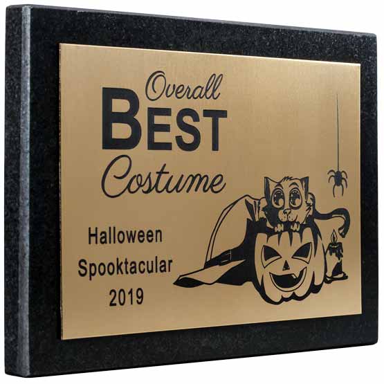 Custom Bronze Award Plaque For Best Halloween Costume With Cute Cat Artwork On A Black Granite Board