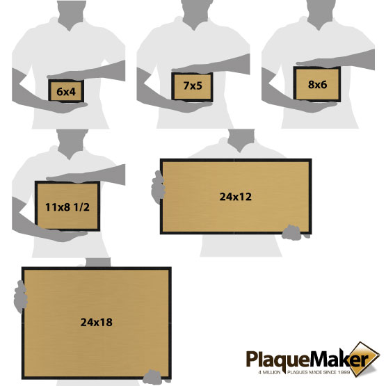 Size Guide With Blank Figures Holding Six Different Sizes Of Custom Bronze Plaques With Granite Boards
