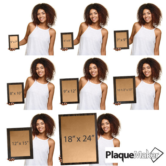 Size Guide With Woman Holding Eight Different Sizes Of Custom Bronze Plaques With Wood Boards
