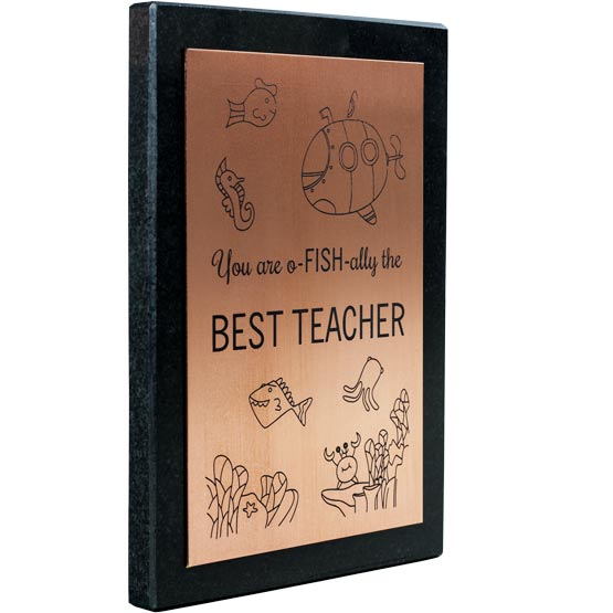 Custom Copper Award Plaque For Best Teacher With Cute Ocean Life Artwork On A Black Granite Board