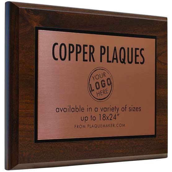 Custom Copper Plaque With Black Frame And Wood Board Showing Customizable Areas For Unique Logo And Text