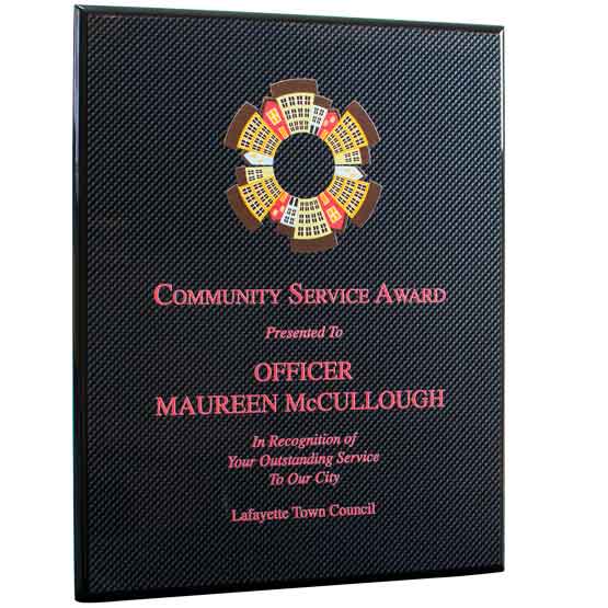 Custom Carbon Fiber Plaque Award For Community Service With Full Color Message And Logo Against White Background