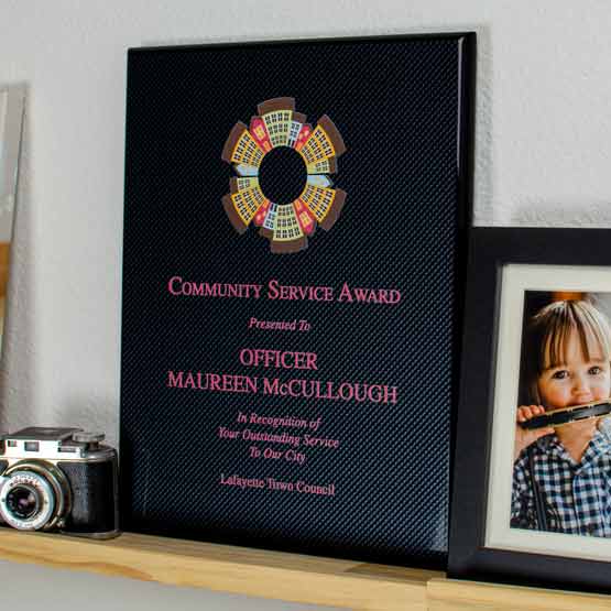 Carbon Fiber Plaque Award For Community Service Displayed On Shelf Beside Picture Frame Featuring Little Girl Photo