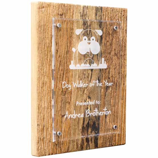 Custom Floating Acrylic Plaque With Driftwood Board And Frosted Engravings Of Dog Art And Name And Dog Walker Of The Year