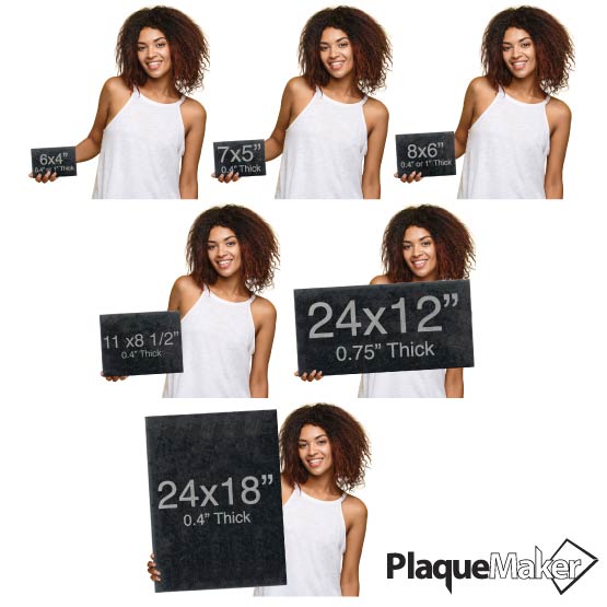 Size Guide With Woman Holding Different Sizes Of Rectangle Granite Plaques Showing Measurements Against White Background