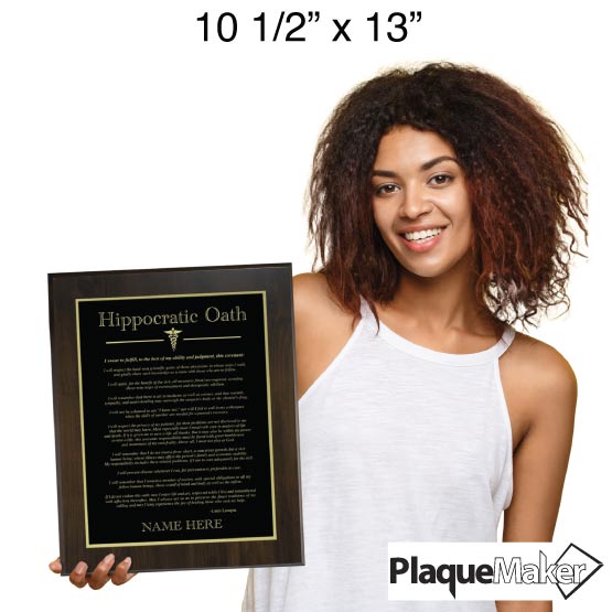 Size Guide Showing A Happy Woman Holding 10 1/2 x 13 Inch Laser Engraved Doctor's Hippocratic Oath Plaque.