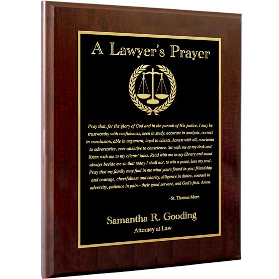 Custom Metal Plaque Laser Engraved With Complete Lawyer’s Prayer Inside Gold Frame On A Wood Board