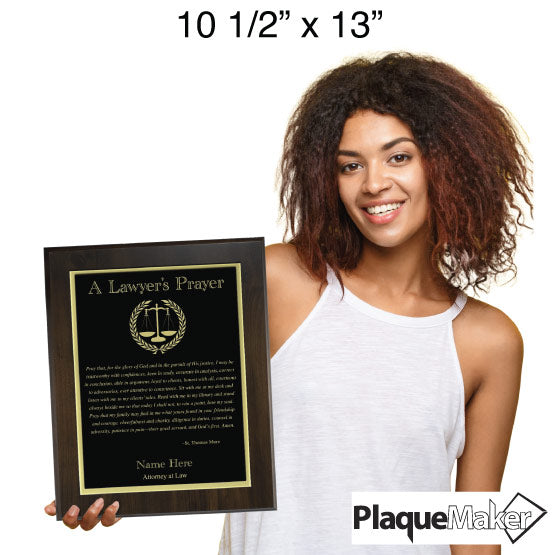 Size Guide With Woman Holding Custom Metal Plaque With Wood Board And Laser Engraved With Complete Lawyer’s Prayer