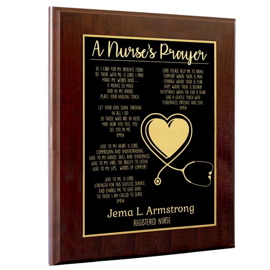 Custom Metal Plaque With Wood Board And Laser Engraved With Complete Nurse’s Prayer Against A White Background