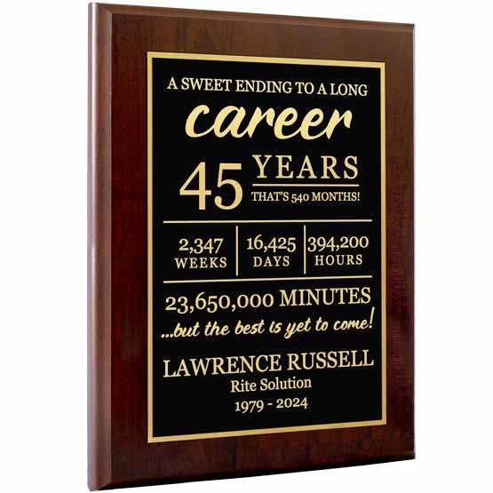 Custom Metal Plaque With Wood Board And Laser Engraved With Appreciation Message For Retirement With Work Duration Details