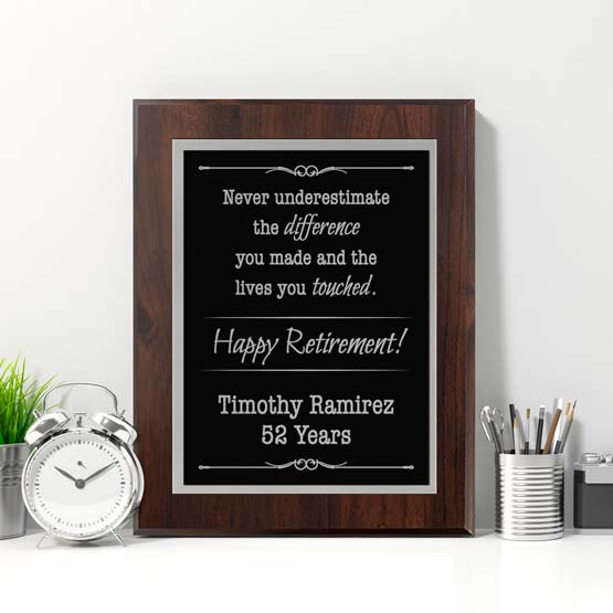 Retirement Plaque With Custom The Difference You Made And Happy Retirement Text On White Shelf With Small Clock And Art Tools