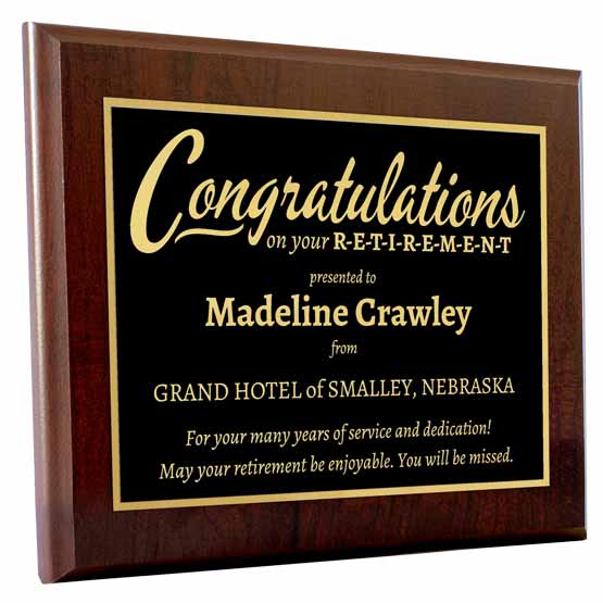 Custom Engraved Retirement Plaque With Personalized Recipient’s Name And Company Name On A Cherry Board
