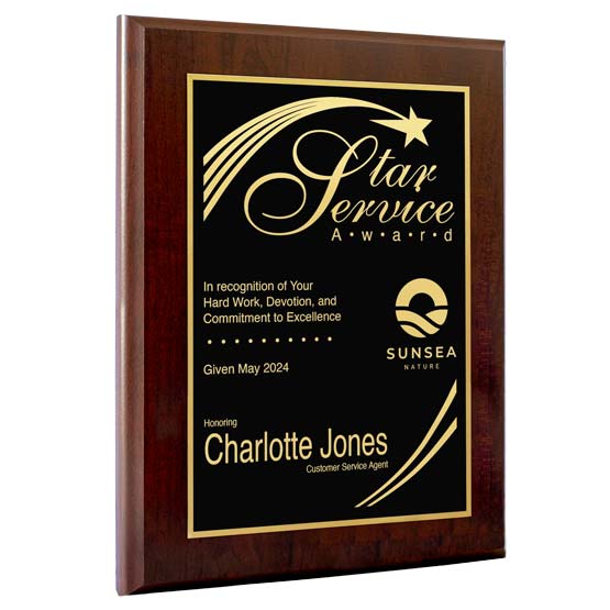 Custom Metal Plaque With Wood Board And Laser Engraved With Star Service Award Message Against A White Background