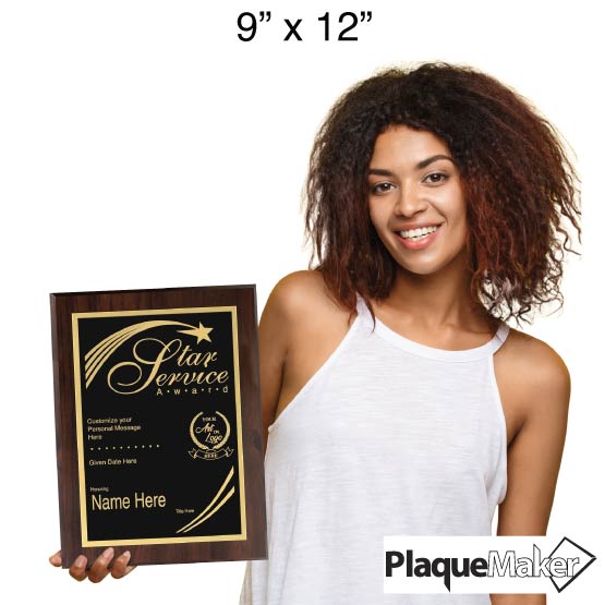 Size Guide With Happy Woman Holding A Custom Metal Plaque With Wood Board And Laser Engraved With Star Service Award Message