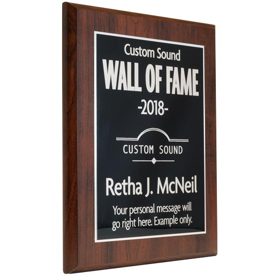 Wall Of Fame Plaque With Wood Board And Black Aluminum Plate Engraved To Show Customizable Areas For Text And Art