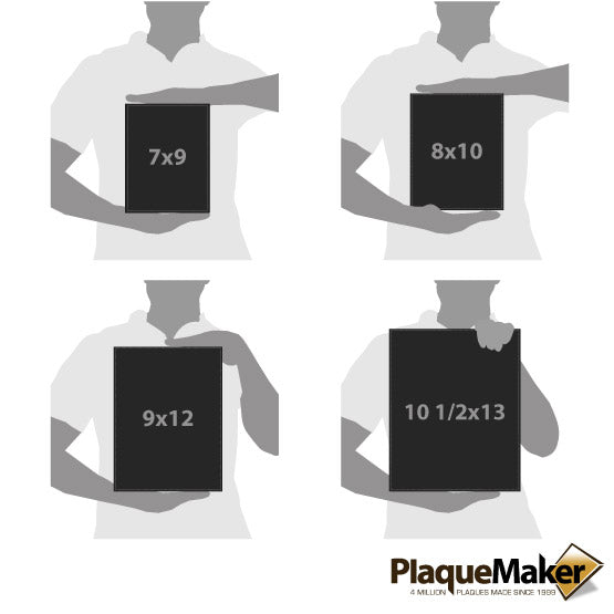 Size Guide With Blank Figures Holding Four Different Sizes Of Custom Black Faux Leather Plaque Against White Background
