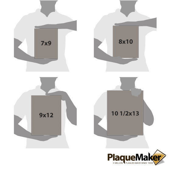 Size Guide With Blank Figures Holding Four Different Sizes Of Custom Gray Faux Leather Plaque Against White Background