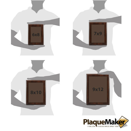 Size Guide With Blank Figures Holding Custom Plaque With Dark Brown Faux Leather Plate On Wood Board And Showing Measurements